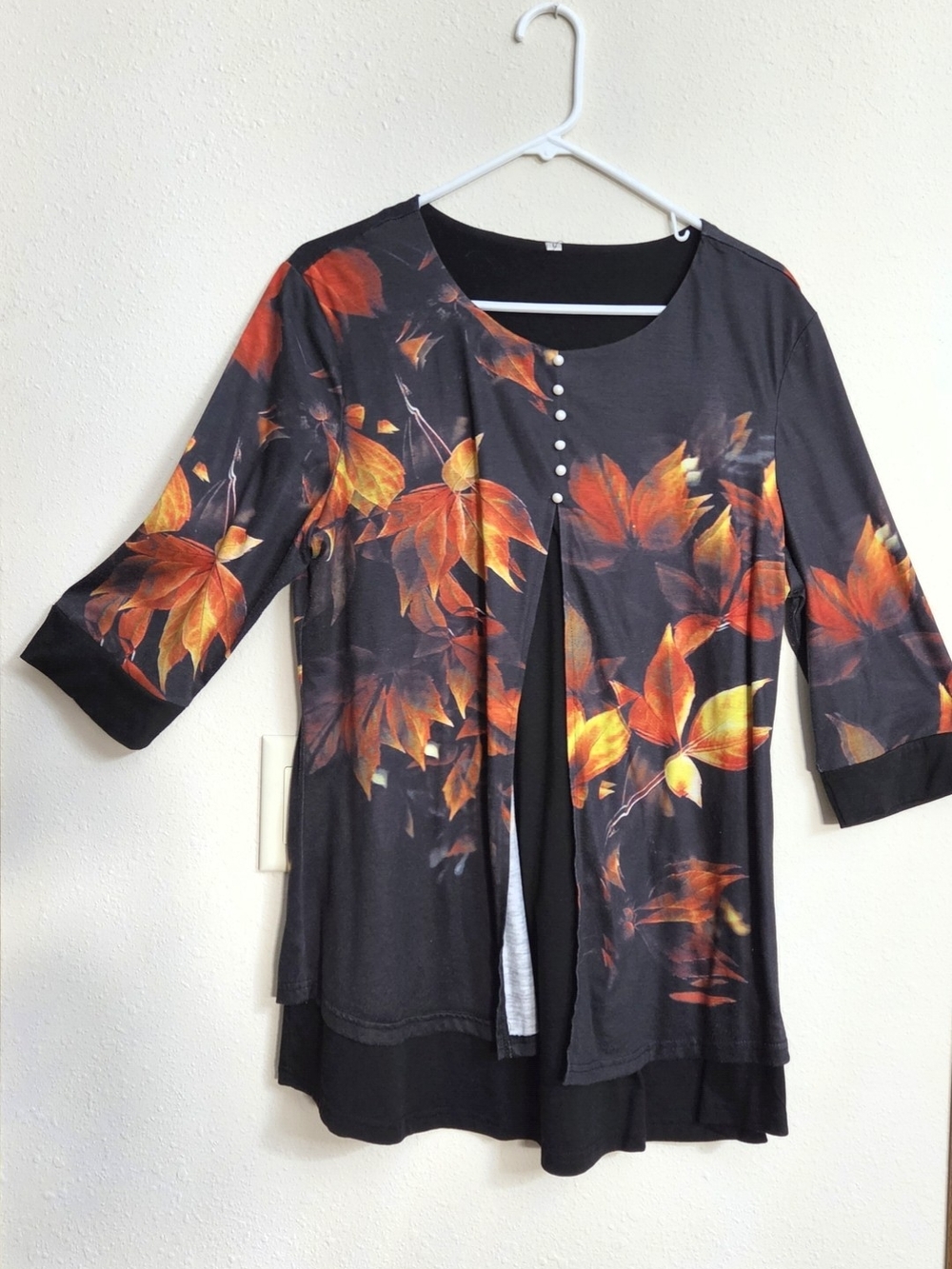 Women's Black Layered Front-Button Top with Autumn Leaf Print